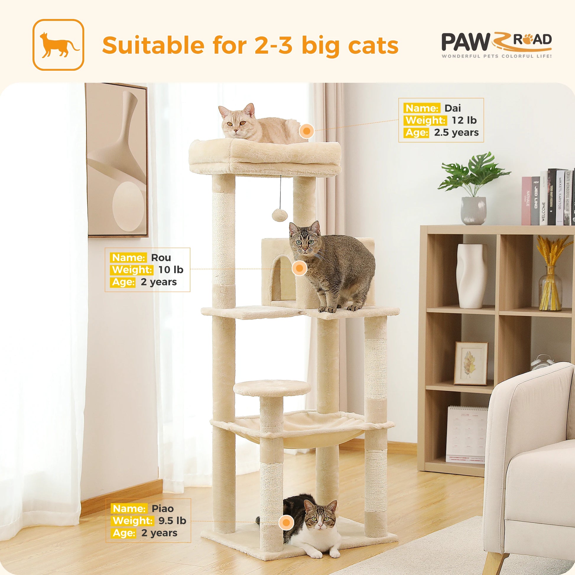 Ultimate 5-Level Cat Tree Tower for Large Cats - Cozy Hammock, Scratching Posts & Top Perch!