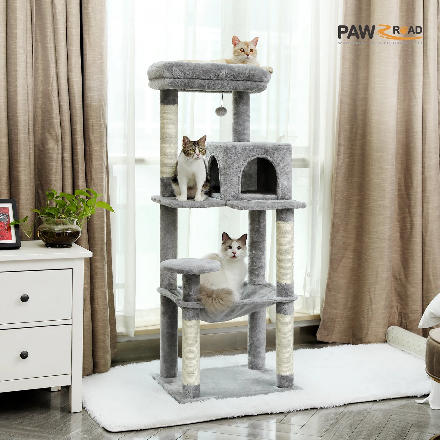 Ultimate 5-Level Cat Tree Tower for Large Cats - Cozy Hammock, Scratching Posts & Top Perch!