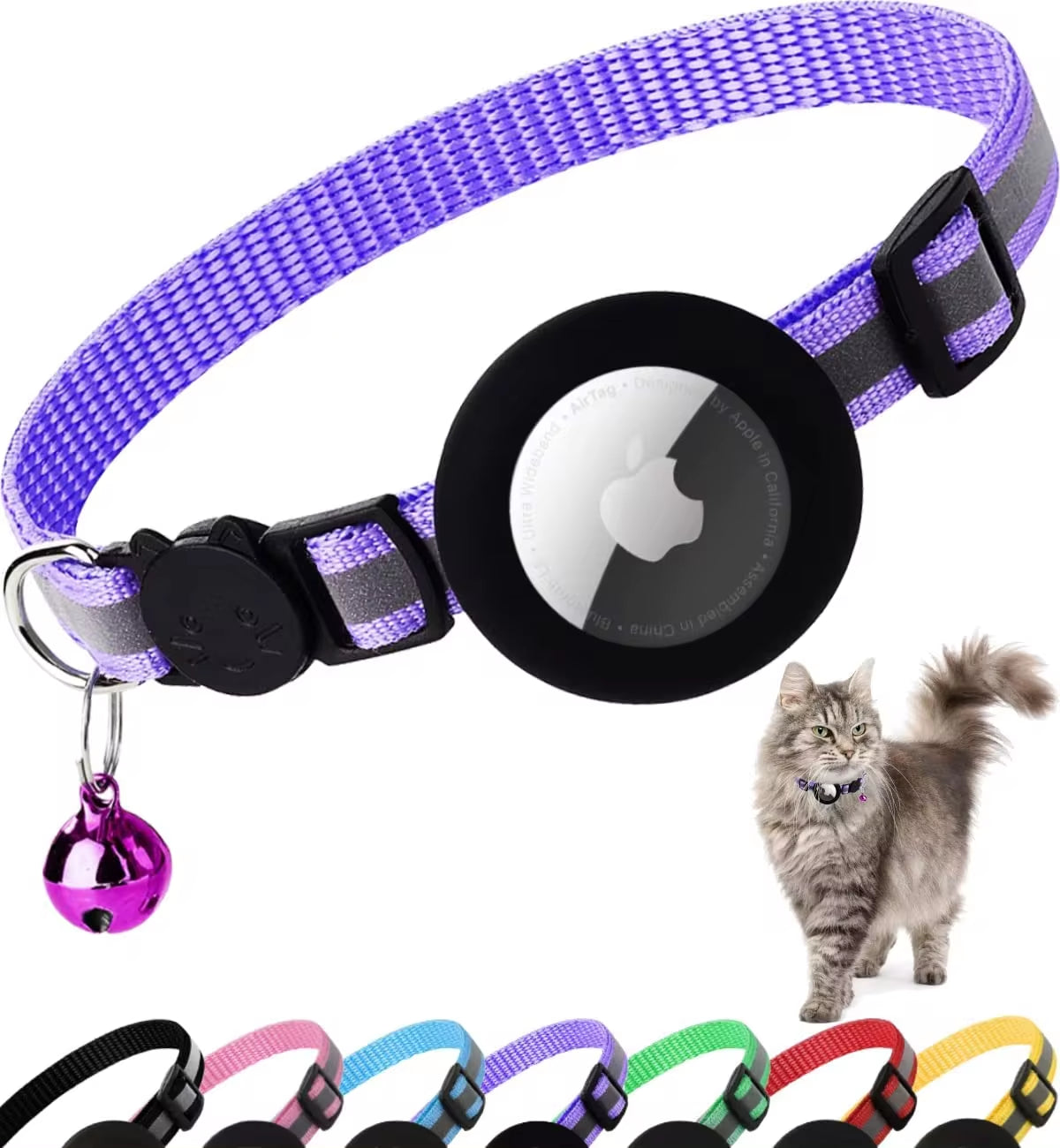 Reflective Airtag Cat Collar with Breakaway Safety, Includes Apple Air Tag Holder & Bell - Perfect for Kittens and Cats!