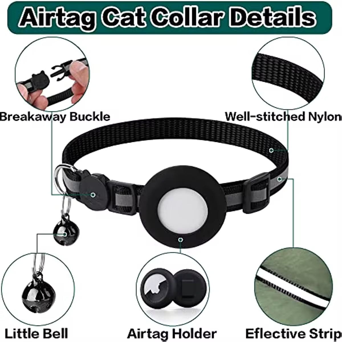 Reflective Airtag Cat Collar with Breakaway Safety, Includes Apple Air Tag Holder & Bell - Perfect for Kittens and Cats!