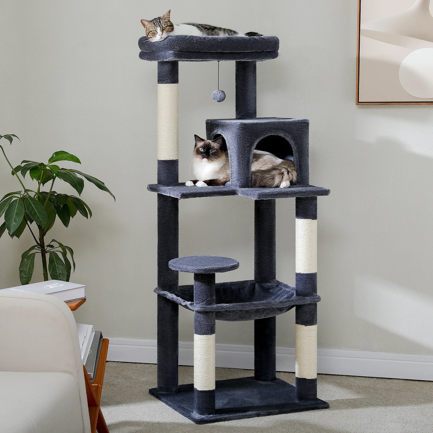 Ultimate 5-Level Cat Tree Tower for Large Cats - Cozy Hammock, Scratching Posts & Top Perch!